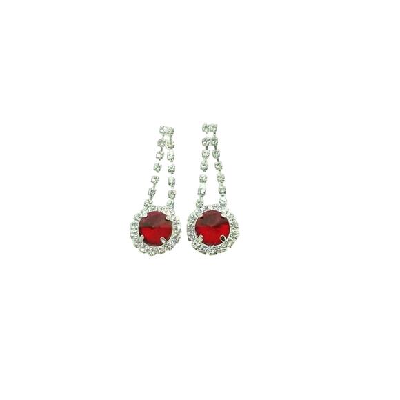 Red/clear Rhinestone Drop Earrings  Silver Tone Posts - Picture 1 of 6